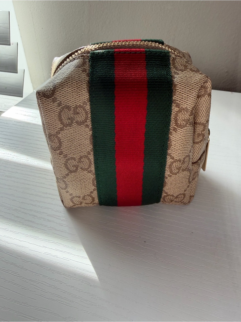 Gucci Beige GG Canvas Toiletry Bag with Red & Green Web Stripe